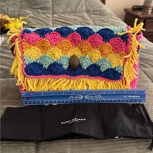 Kurt Geiger Multicolor Crochet Fringe Clutch - Pink/Yellow/Blue